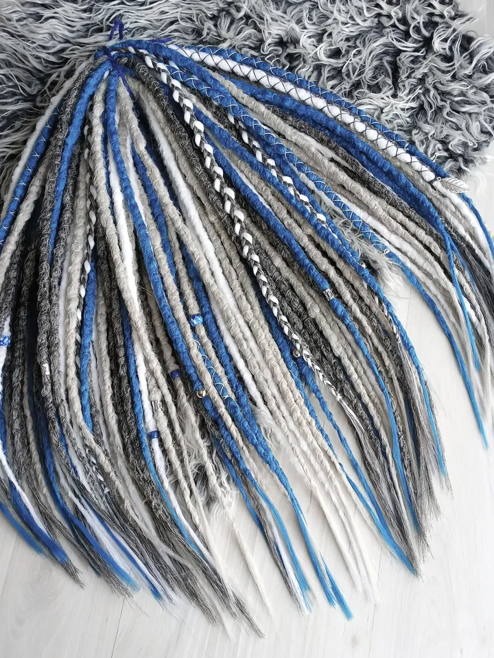 Winter set, Dreadlock extensions White grey blue dreadlock extensions. Synthetic Double Single Ended Viking Fishtail Braids Jewelry