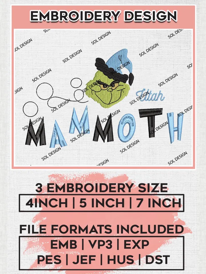 Grinch Utah Mammoth Embroidery Designs, Grinch Christmas Embroidery Files, NHL Mammoth Machine Embroidery Designs, NHL Utah Mammoth Logo, NHL Christmas Machine Embroidery Design, Digital Download