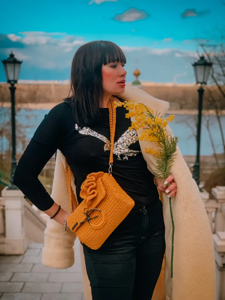 Mustard crossbody with ruffles, crochet bag, handmade luxury handbag, clutch, shoulder bag, accessories for gift, cotton cord