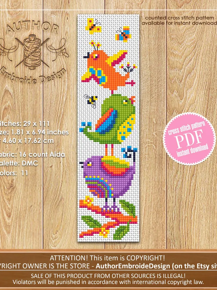 Bird bookmark set cross stitch pattern PDF download Funny birds cross stitch, Chicken bookmark pattern digital PDF, Bird lover gift #B420