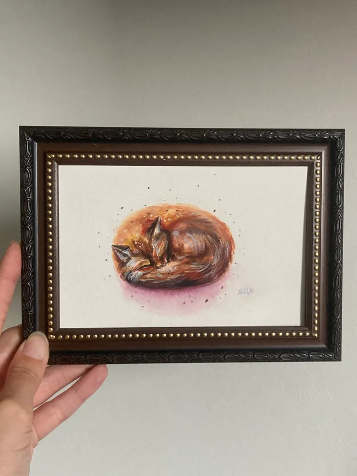 Sleeping Fox Painting Framed Small Watercolor Painting Original Art Frame Animal Painting Realistic Fox