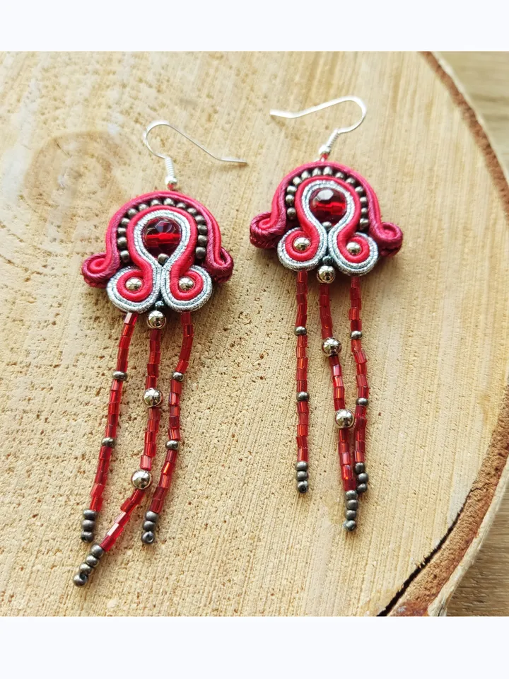 Red earrings, Long beaded earrings, tassel earrings, embroidered soutache earrings