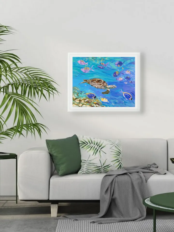 Turtle painting Tortoise Original Art 16 by 20 Fish painting on canvas art square Terrapin artwork by Natalia Plotnikova