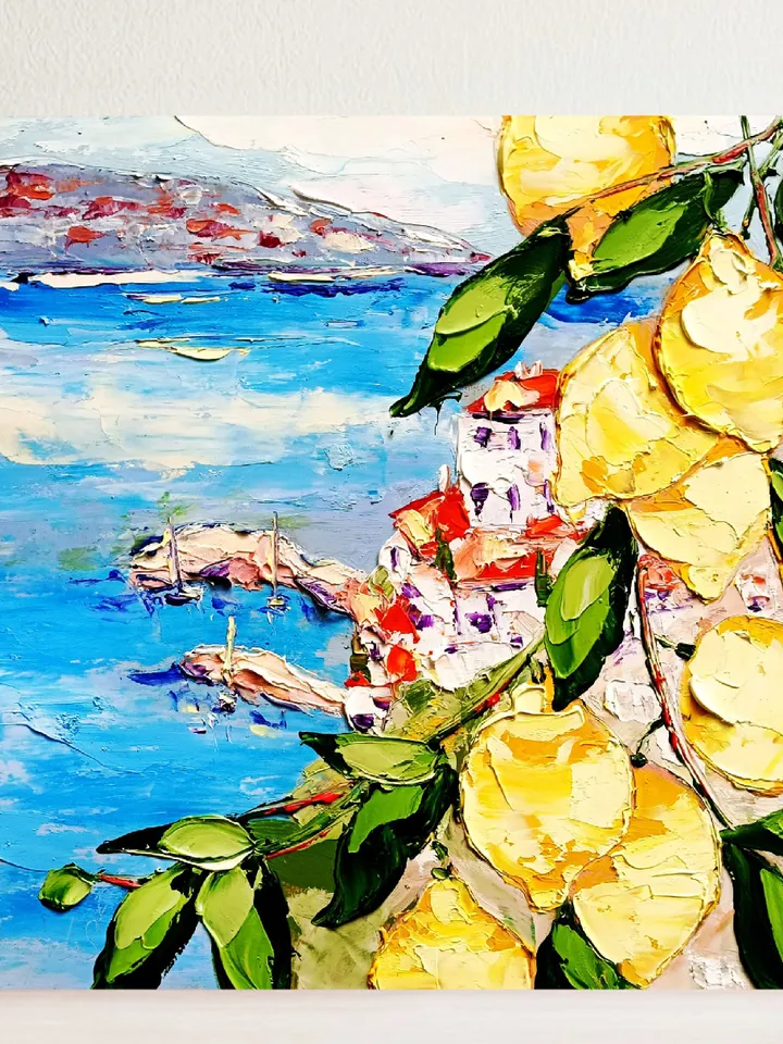 Italy Lemon Painting Courtyard Original Art Impasto Oil Painting 10x10 Amalfi Positano Coastal View Free Shipping Wall Art by ArtProkopaloSv