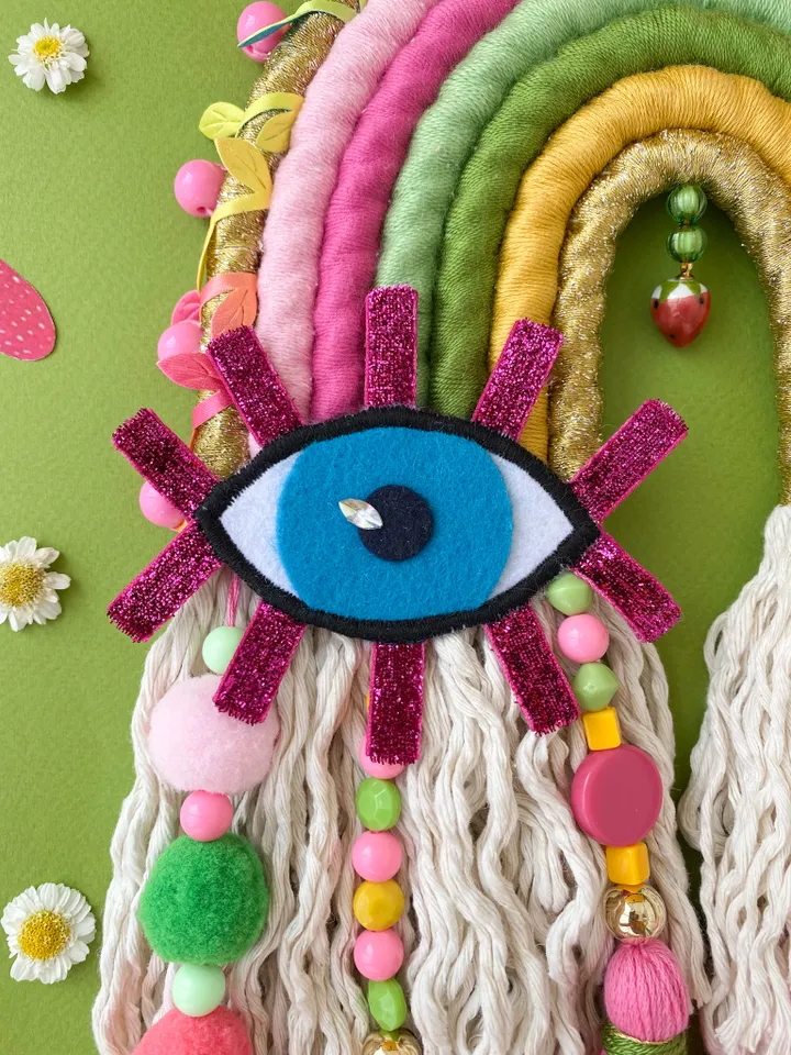 Macrame rainbow wall hanging, Funny birthday gift, Above bed decor, Evil eye charm, Strawberry aesthetic, Boho home decor