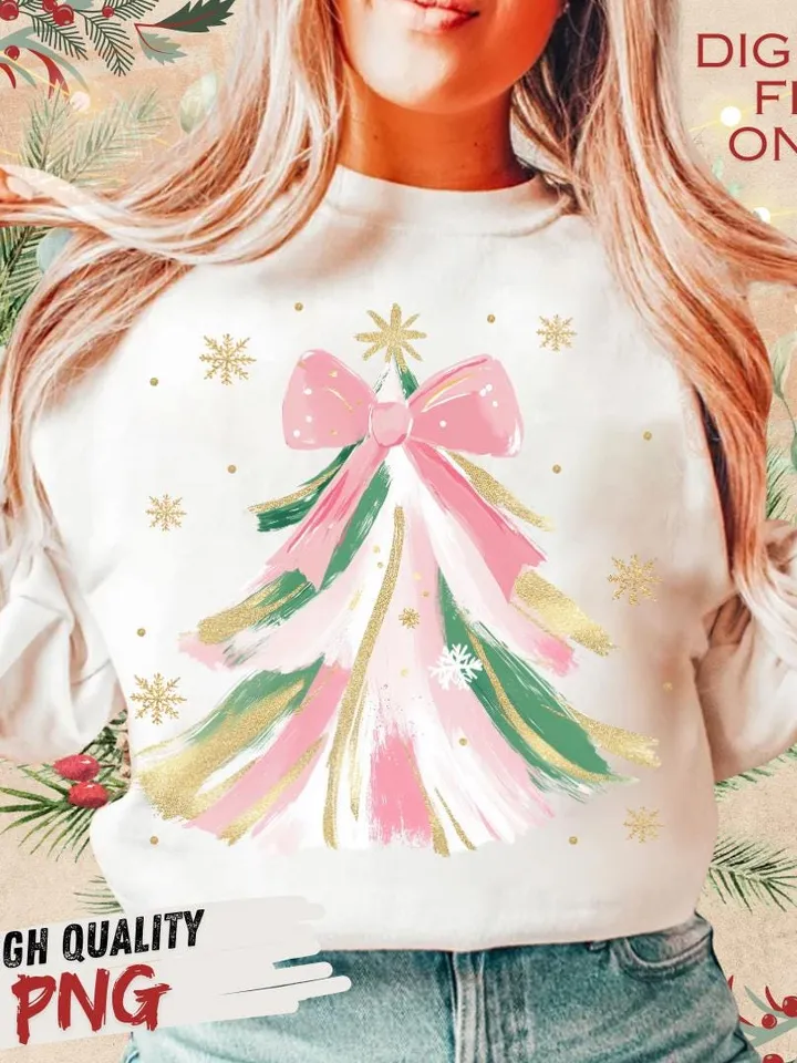 Coquette Glitter Christmas Tree Png, Watercolor Christmas Tree Girly, Merry Christmas Coquette Bow Tree Png, Christmas Lights Hand Drawn