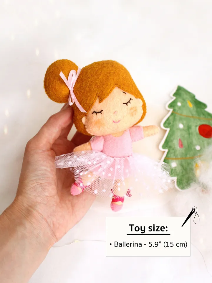 Felt ballerina hand sewing PDF tutorial with patterns. Christmas tree ornament. Soft doll pattern