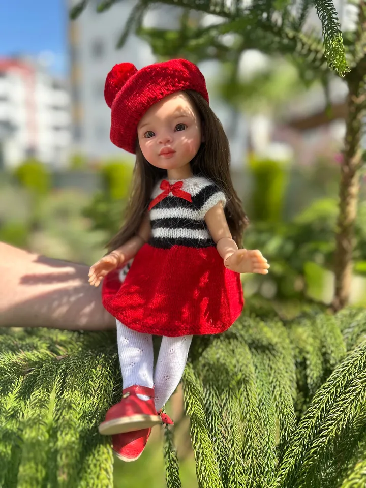Paola Reina Doll 4 ITEMS Set: Exclusive Handmade Outfit - Beret, Dress, Tights, Shoes - Paris Collection