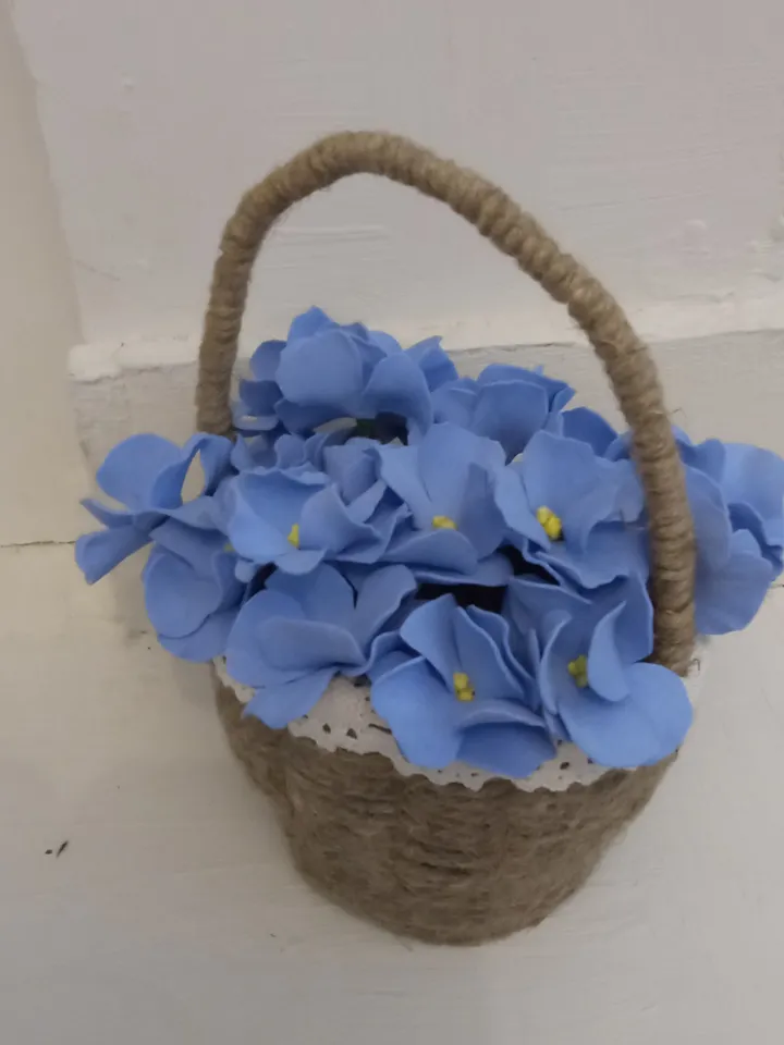Cute floral arrangements blue violets in linen basket, all completely handmade/Made in 1 copy/ Mother Day gift/ birthday gift/ home decor indoor/gift for her