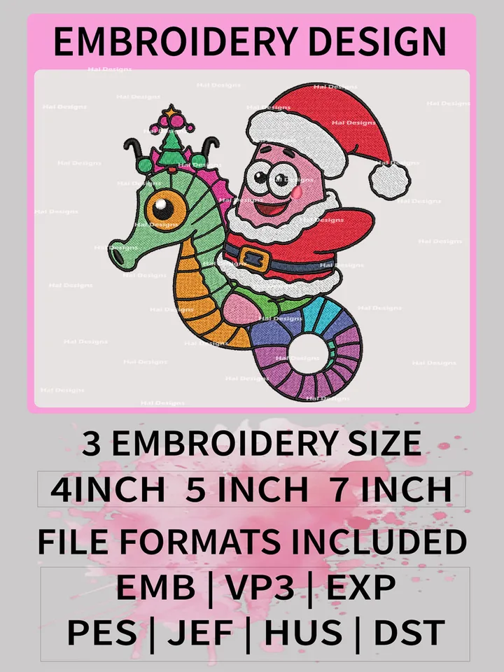Santa Claus Riding Seahorse Patrick Star Embroidery Design – 3 Sizes & Multiple Formats, Digital Download