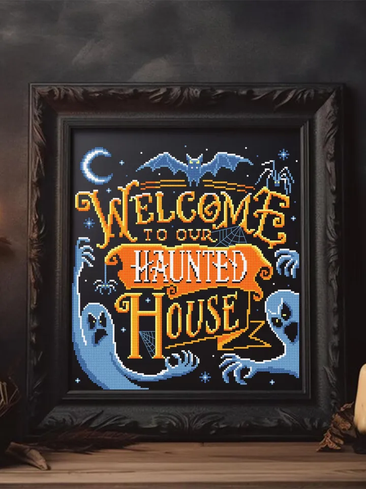 Halloween quotes cross stitch pattern download PDF Spooky ghost cross stitch chart Welcome to our haunted house, Halloween cross stitch #H81