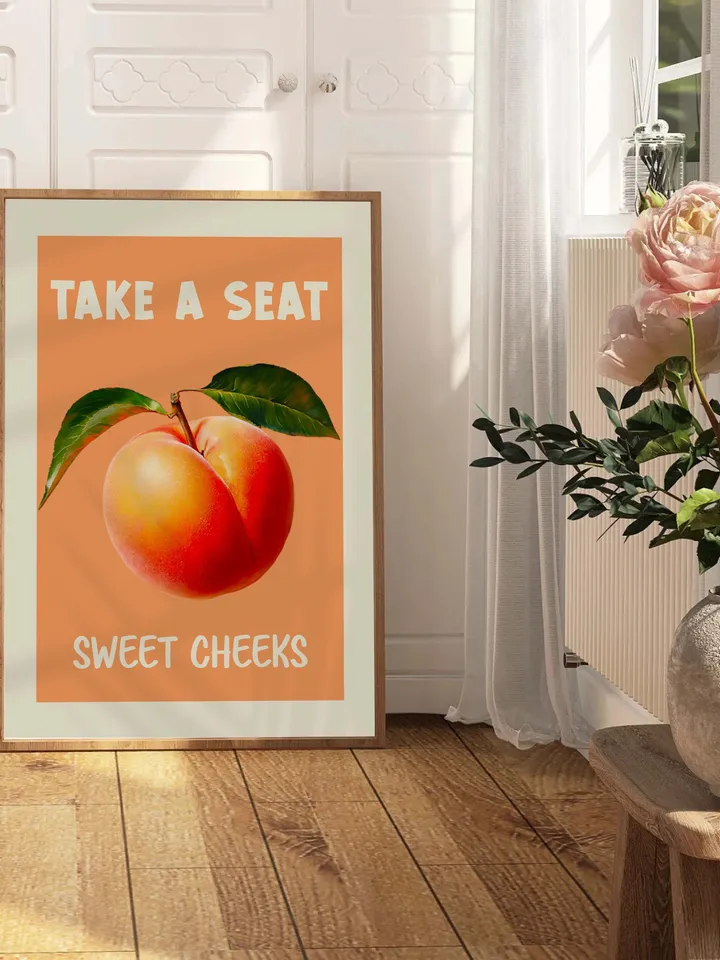 Nice Bum Poster Funny Bathroom Wall Art Take a Seat Printable Retro Toilet Art Cheeky Peach Poster Digital Download Toilet Humor Print