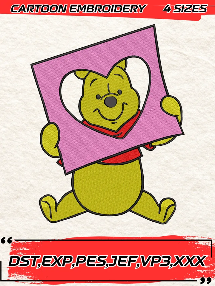 Winnie The Pooh Valentine's Day Embroidery Design, Pooh Embroidery Design ,Machine Embroidery Design File,4 Sizes, Digital Download