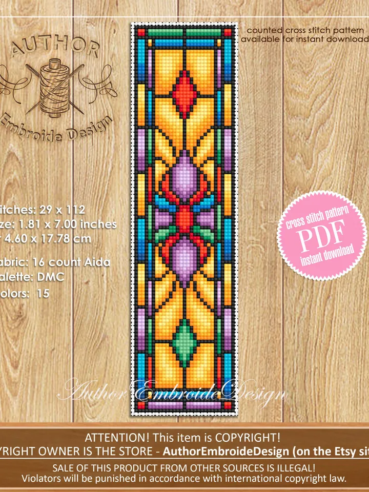 Stained glass Bookmark set cross stitch pattern download PDF Stained glass cross stitch chart, Flower bookmark pattern digital PDF #B300