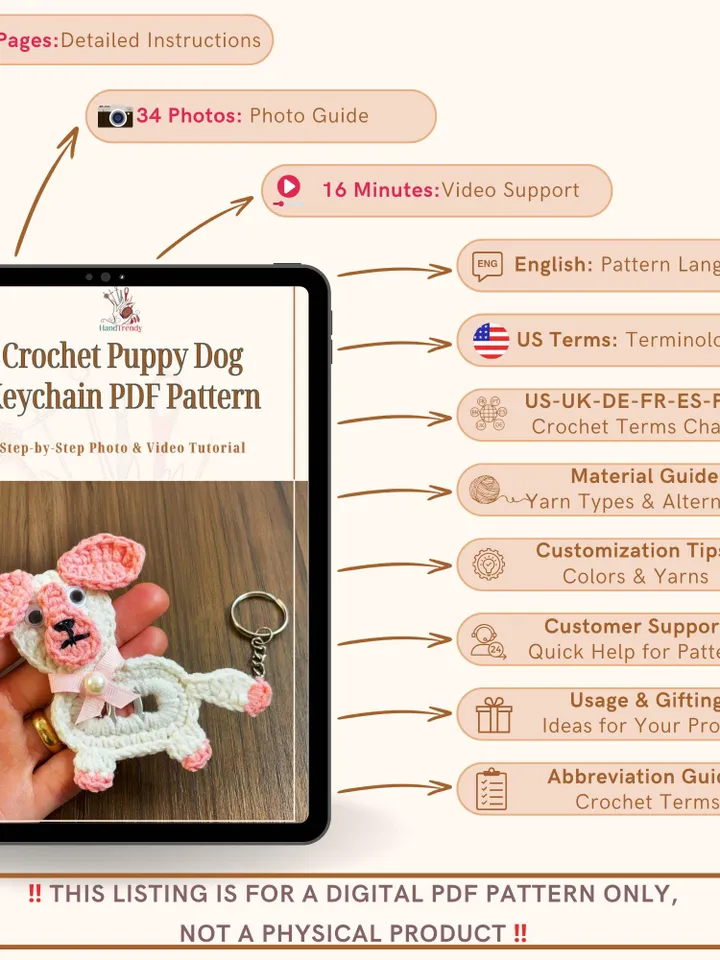 Crochet Puppy Dog Keychain PDF Pattern, Amigurumi Puppy Keyring Tutorial, Upcycled Can Tab Craft, DIY Scrap Yarn Keychain, Instant Download