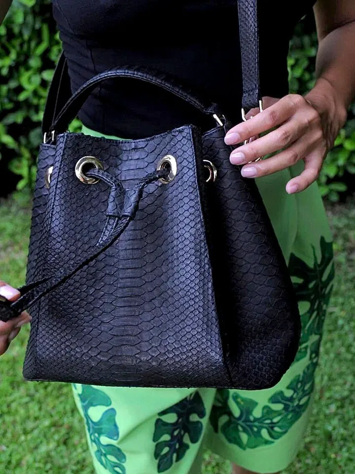 Genuine python skin black bucket crosshandle bag | designer women purse | classy elegant crossbody bag | exotic leather bags | gift idea