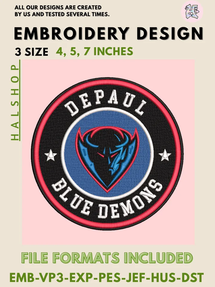 NCAA DePaul Blue Demons Round Logo Embroidery, NCAA DePaul Blue Demons Logo Embroidery Files, NCAA Teams, Machine Embroidery Designs, Digital Download