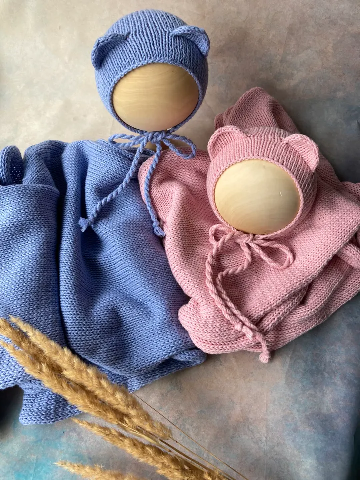 Cotton wrap cotton bonnet. Knitted Newborn photo props.