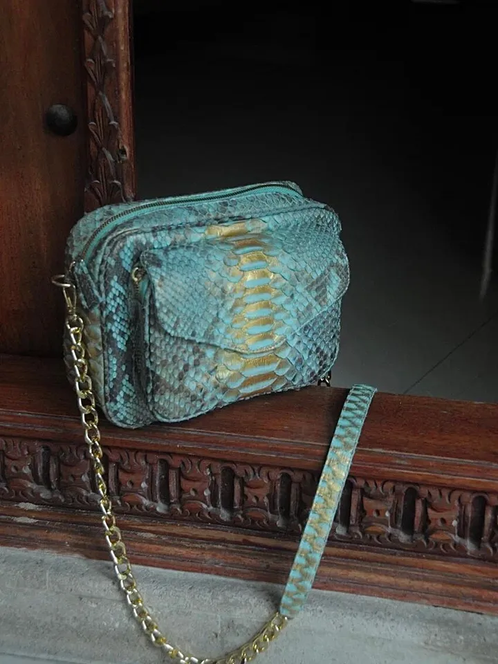 Genuine python skin crossbody blue sport bag with pocket | designer women leather handbag | snakeprint bag | crossbody purse | gift for her