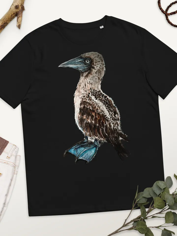 Blue footed booby unisex organic t shirt made with my original watercolor painting,unique handmade wearable gifts,exotic animals t shirts.