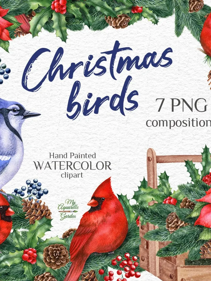 Christmas birds Blue jay red cardinal robin Xmas pine garlands Watercolor hand-painted clipart Wishes cards stickers wall art Printable PNG