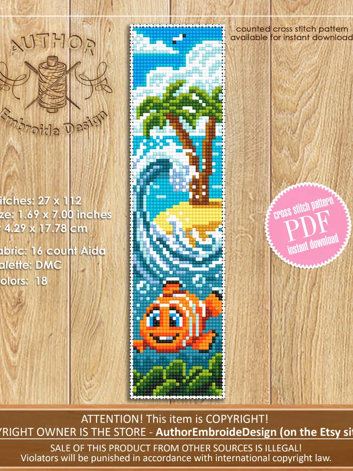 Ocean bookmark cross stitch pattern download PDF Handmade bookmark digital PDF Cute tropical fish cross stitch Ocean scene pattern PDF #B70