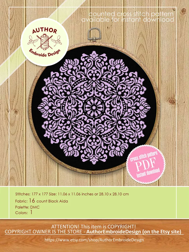 Flower mandala cross stitch pattern PDF download Monochrome cross stitch chart, Simple mandala pattern digital PDF, Mandala ornament #M259