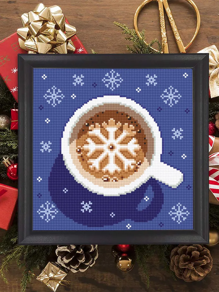 Christmas coffee cross stitch pattern PDF download Christmas cross stitch, Cup of latte cappuccino coffee with snowflake cross stitch #N148