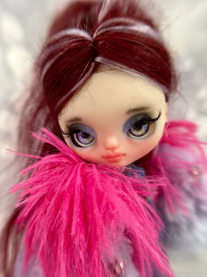 Petite Blythe doll with burgundy hair. Miniature doll with beautiful eyes.