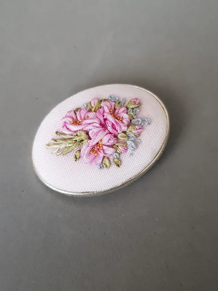 Ribbon embroidered pink brooch for her, embroidered jewelry, art 26