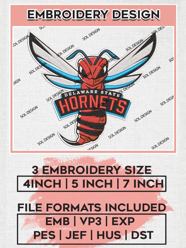 NCAA Delaware State Hornets College Team Mascot Logo Embroidery Design Files, NCAA Delaware State Hornets Machine Embroidery, NCAA Teams, 3 sizes, NCAA Machine embroidery designs, Digital Download