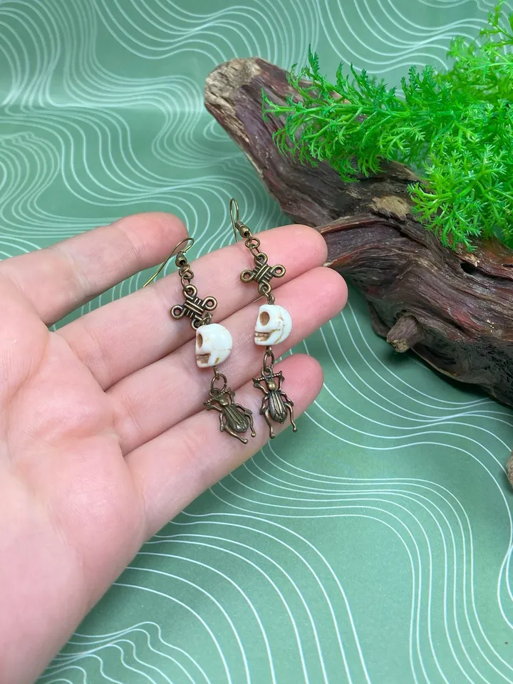Earrings with skulls and beetles. Handmade bronze earrings.