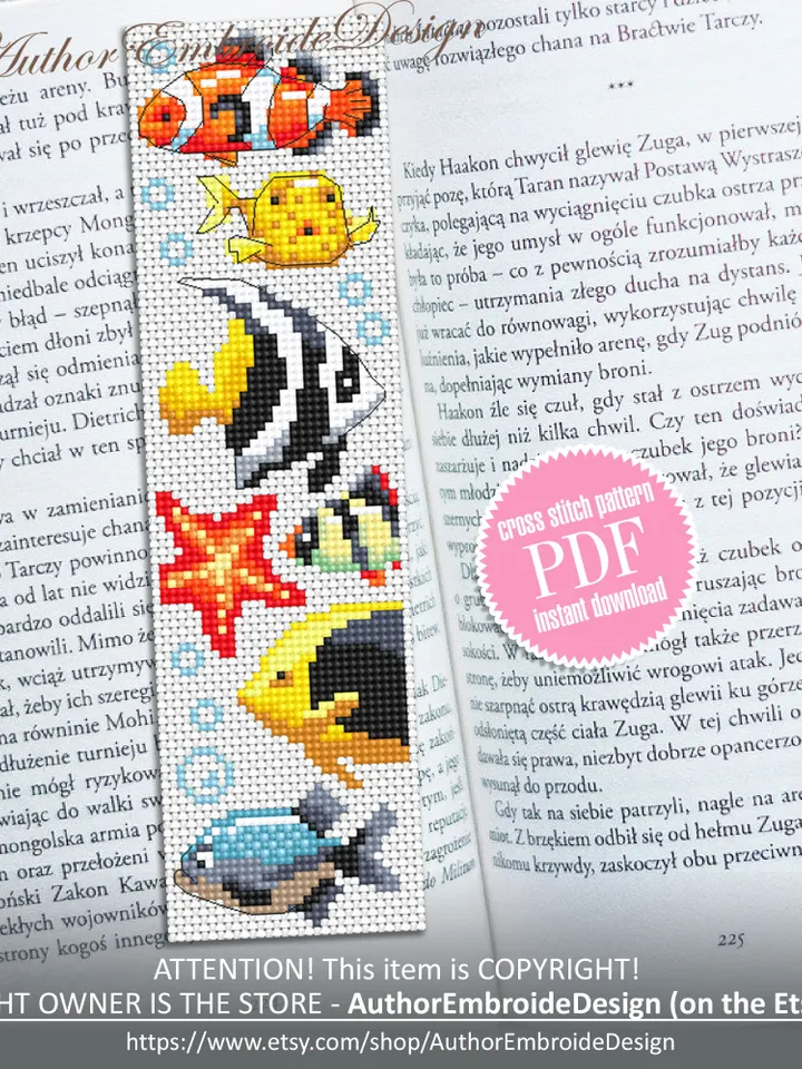 Fish bookmark cross stitch pattern PDF download Aquarium fish cross stitch chart, Bookmark pattern digital PDF, Tropical fish pattern #B277