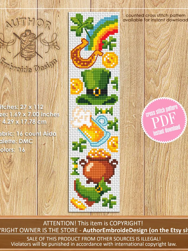 St Patrick bookmark cross stitch pattern PDF download Irish cross stitch sampler, Funny Bookmark pattern digital PDF, Patrick day gift #B256