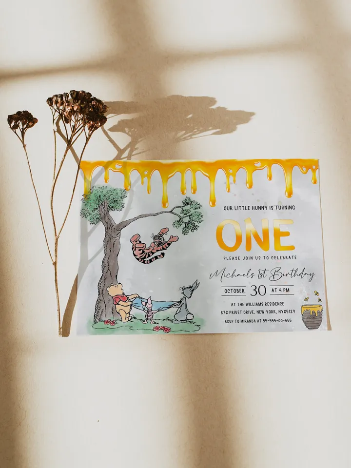 Winnie the Pooh Inspired First Birthday; Classic Winnie Pooh Invitations; Neutral Winnie Pooh Turning One; Winnie Pooh Birthday Party; wpg15