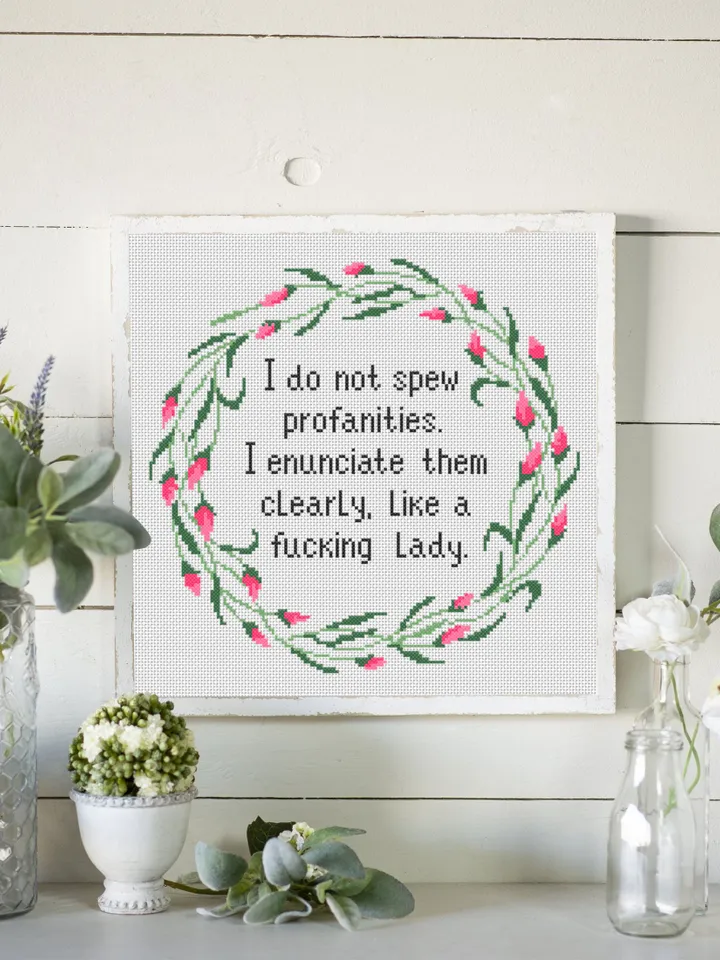Framed quote cross stitch pattern Like a fucking lady Instant download PDF, Flower wreath cross stitch chart, Funny text cross stitch #Q37
