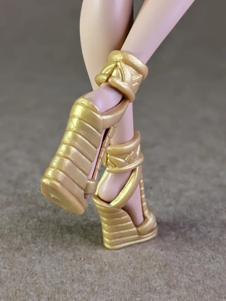 Gold Pharaoh sandals with wedge heels for 10.5 inch female dolls (MH, EAH)
