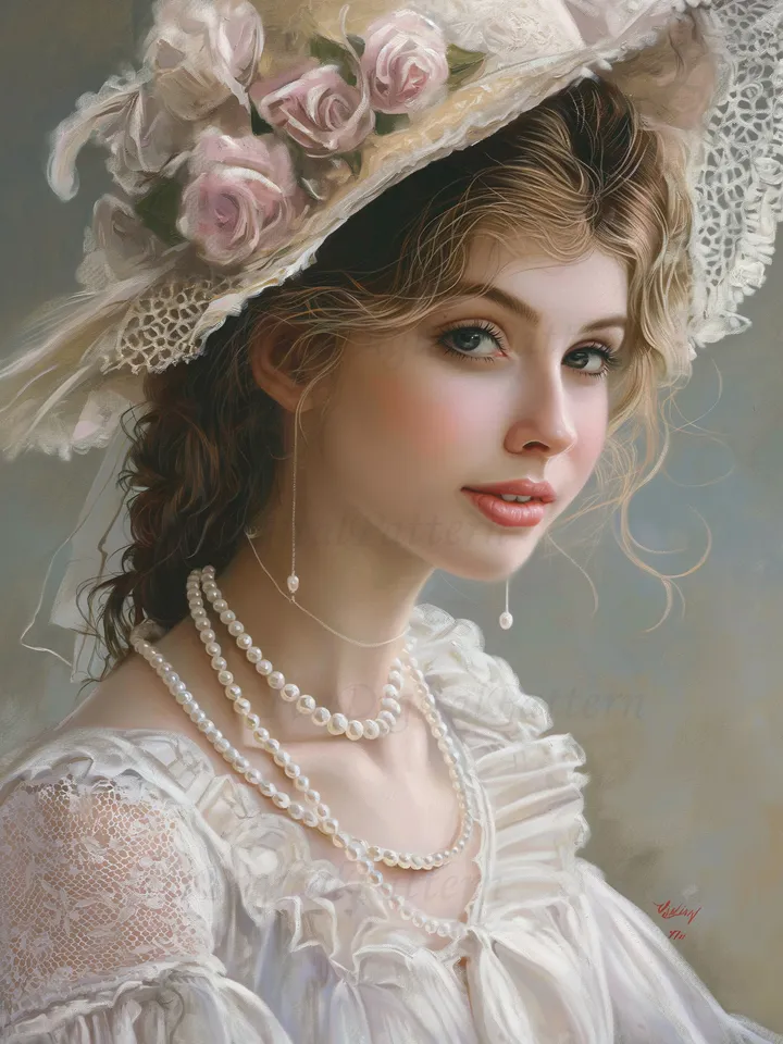 Digital painting. French woman. Romantic girl with a hat. Wall decoration in pastel colors. Parisienne. Digital illustration.Instant download.