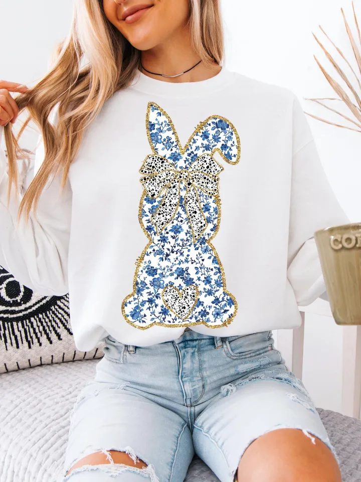 Glitter Easter Bunny Coquette PNG | Easter Day Png | Happy Easter Png, Grand Millennial Easter, Chinoiserie Bunny Blue Floral, Trendy Easter