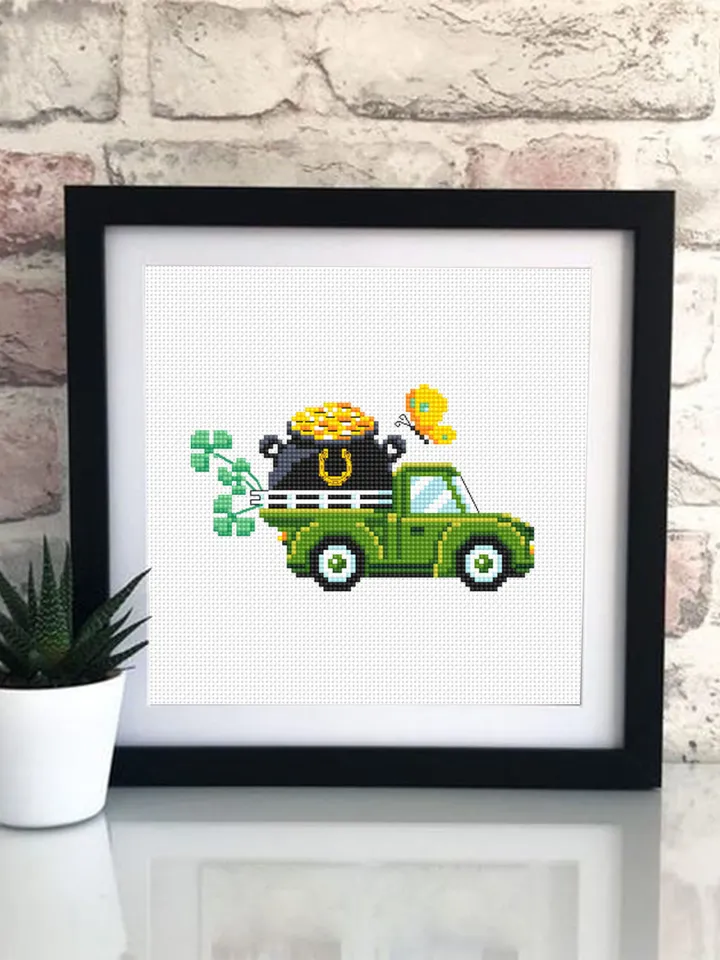 St Patricks truck cross stitch pattern PDF download Happy St Patrick's Day cross stitch chart for beginner, Pot of gold cross stitch #T30