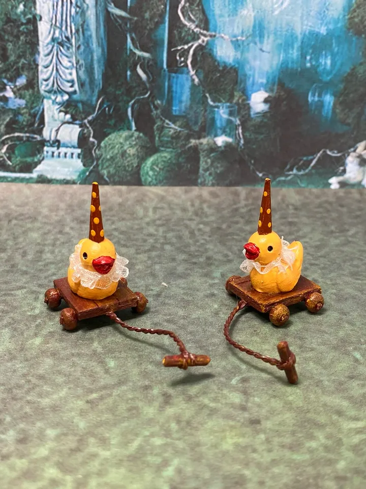 Mini duck on a cart. Vintage toy for a doll. 1:12. Dollhouse miniature. Handmade.