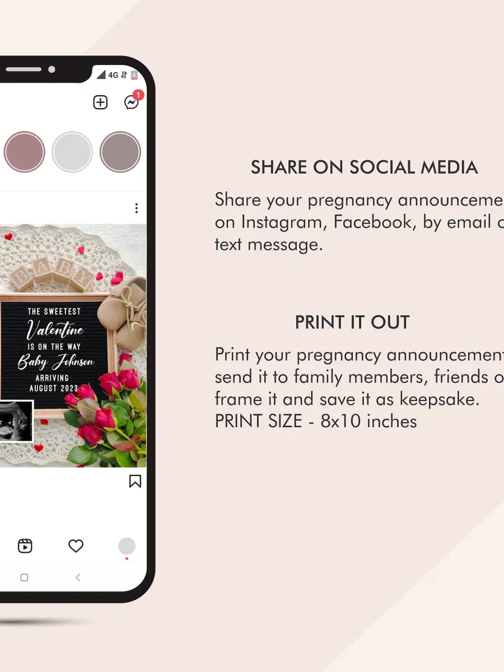 Valentines Day Pregnancy Announcement Digital for Social Media, Baby Announcement Sweetest Valentine Is On The Way Editable Digital Template