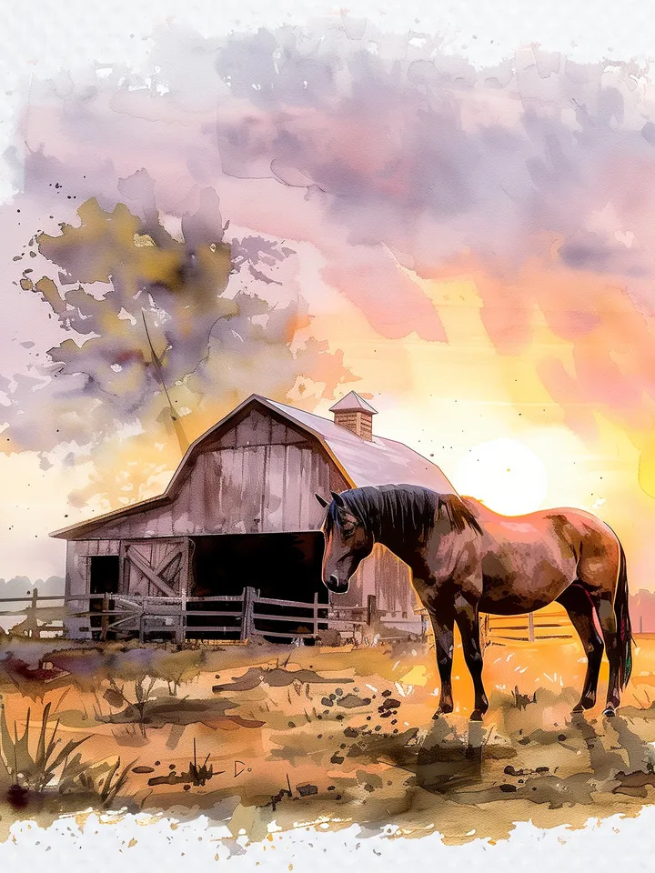 20 Farmyard in Sunrise Clipart, Printable Watercolor Farm landscape clipart for sublimation, High Resolution, junk journal, Paper craft