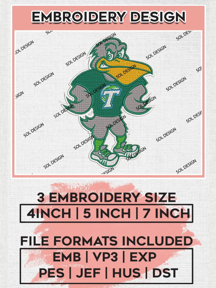 Tulane Green Wave Team Funny Mascot Logo Embroidery Design Files, NCAA Tulane Green Wave Machine Embroidery, NCAA Teams, 3 sizes, NCAA Machine embroidery designs, Digital Download