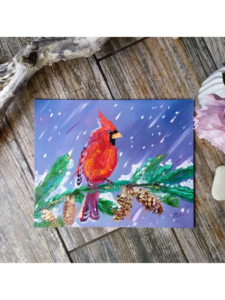 Cardinal painting Bird Original Art 9 by 12 Nothern Cardinal Artwork Virginia bird fine art oil painting by Plotnikova