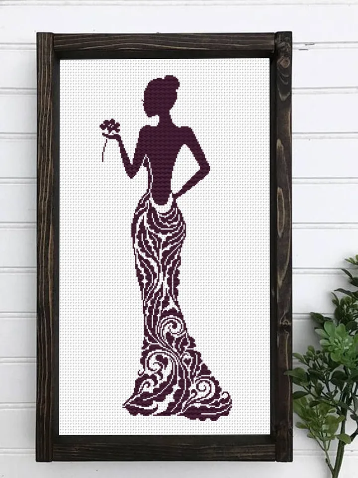 Elegant Dress cross stitch pattern download PDF Woman silhouette cross stitch chart, Monochrome cross stitch mandala dress, Home decor #M195