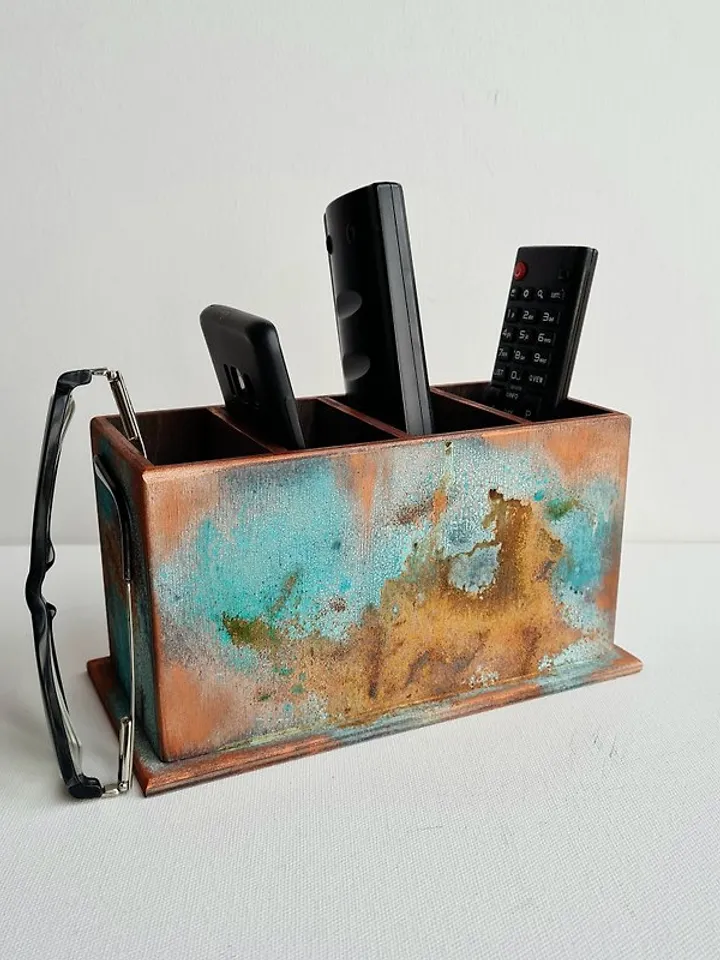 Wood remote control holder Art oxidized aged rustic old copper color remote box