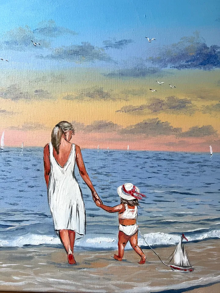 Original oil painting on canvas mom and daughter at sea seascape
