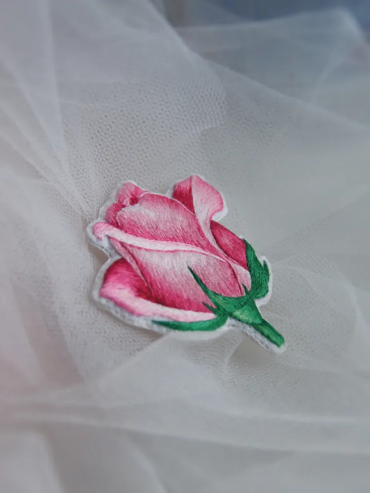 Rose Bud Brooch. Embroidered brooch, artistic satin stitch.