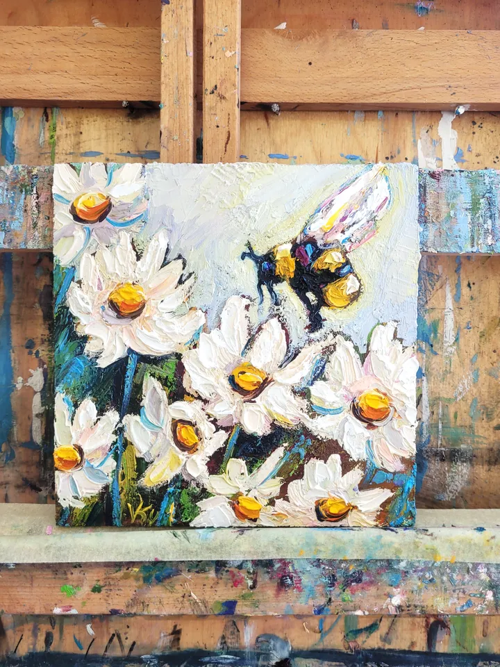 Daisy Painting Bumble Bee Painting Original Impasto Oil Painting 6x6 Honey Bee Wall Art Daisy Artwork Bee and Flower Art Christmas Gift by ArtFromVictoria